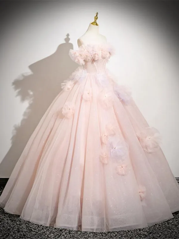 Chic / Beautiful Blushing Pink Beading Appliques Prom Dresses 2025 Ball Gown Off-The-Shoulder Short Sleeve Backless Floor-Length / Long Prom Formal Dresses