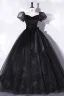 Élégant Noire Tachetée Robe De Bal 2022 Robe Boule Encolure Carrée Gonflée Manches Courtes Dos Nu Noeud Ceinture Longue Promo Robe De Ceremonie