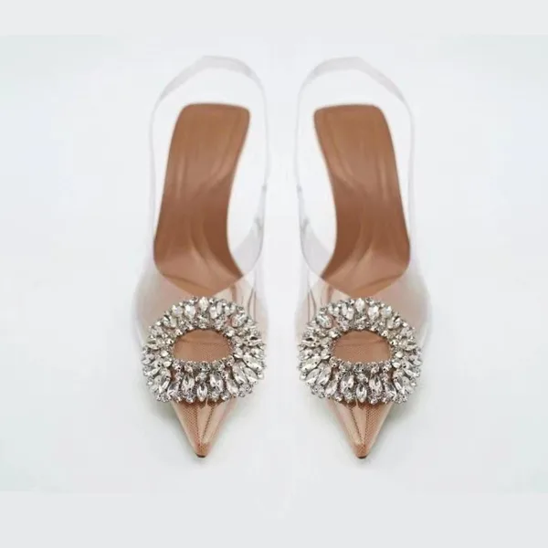 Transparent Chic / Beautiful Beige Summer Street Wear Rhinestone Womens Sandals 2022 Slingbacks 7 cm Stiletto Heels Pointed Toe Sandals High Heels