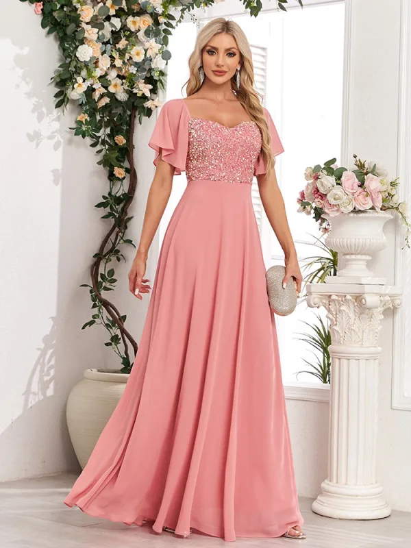 Chic / Beautiful Blushing Pink Sequins Chiffon Prom Dresses 2024 A-Line / Princess Square Neckline Short Sleeve Backless Floor-Length / Long Prom Formal Dresses