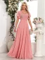 Chic / Beautiful Blushing Pink Sequins Chiffon Prom Dresses 2024 A-Line / Princess Square Neckline Short Sleeve Backless Floor-Length / Long Prom Formal Dresses