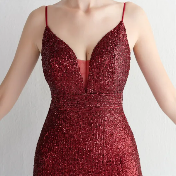 Sexy Blanche Perlage Paillettes Fendue devant Robe De Soirée 2024 Trompette / Sirène Bretelles Spaghetti Sans Manches Dos Nu Longue Soirée Robe De Ceremonie