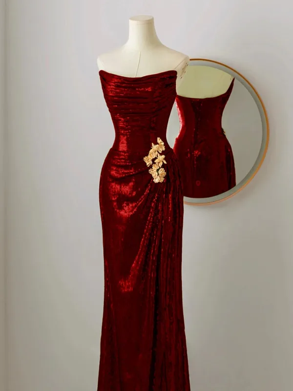 Sparkly Burgundy Sequins Evening Dresses 2024 Trumpet / Mermaid Strapless Sleeveless Backless Evening Party Floor-Length / Long Formal Dresses