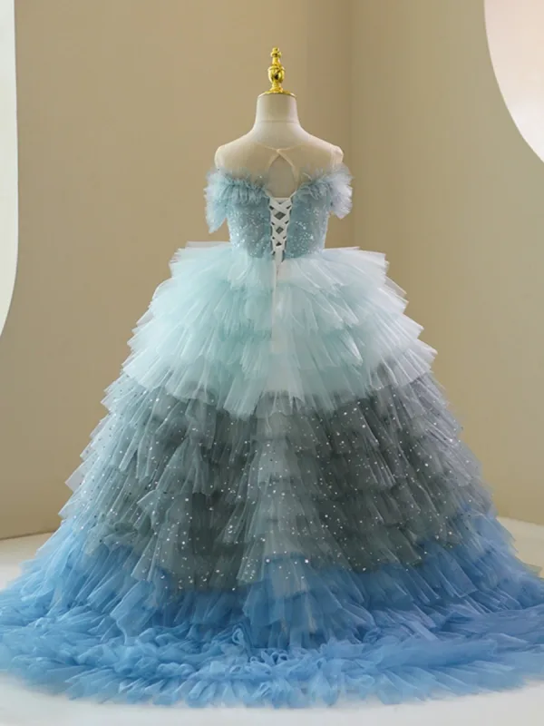 Fashion Multi-Colors Sky Blue Cascading Ruffles Sequins Birthday Flower Girl Dresses 2023 Ball Gown Scoop Neck Short Sleeve Court Train Tulle