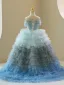 Fashion Multi-Colors Sky Blue Cascading Ruffles Sequins Birthday Flower Girl Dresses 2023 Ball Gown Scoop Neck Short Sleeve Court Train Tulle