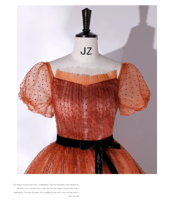 Elegante Orange Geflecktes Ballkleider 2022 Ballkleid Eckiger Ausschnitt Kurze Ärmel Rückenfreies Schleife Stoffgürtel Lange Festliche Kleider