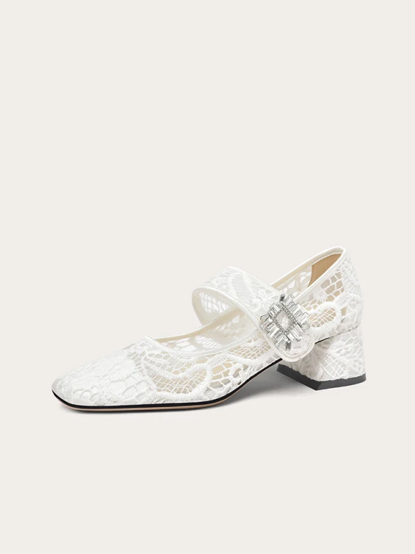 Vintage Weiß Spitze Brautschuhe 2024 5 cm Thick Heels Quadratische Zehe Hochzeit Pumps