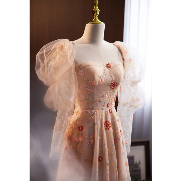 Flower Fairy Blushing Pink Sequins Prom Dresses 2023 A-Line / Princess Square Neckline Puffy Long Sleeve Backless Floor-Length / Long Prom Formal Dresses