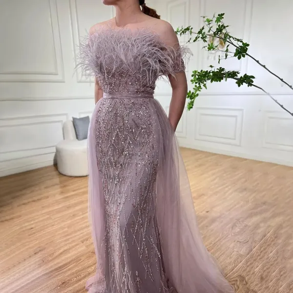 High End Meeresblau Handgefertigt Perlenstickerei Pailletten Gespaltete Front Ballkleider 2024 Meerjungfrau Bandeau Kurze Ärmel Rückenfreies Lange Ball Festliche Kleider