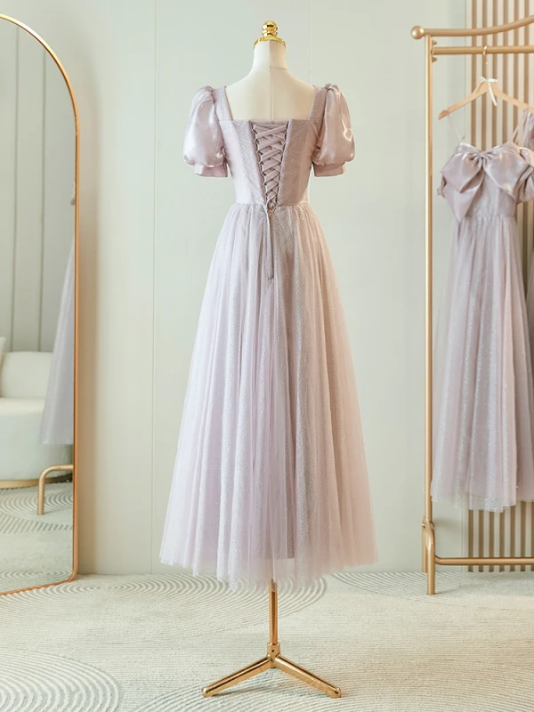 Modest Simple Lavender Bridesmaid Dresses 2023 A-Line Princess Square Neckline Bow Puffy