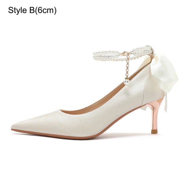 Élégant Ivoire Perle Noeud Bride Cheville Chaussure De Mariée 2023 Satin 8 cm Talons Aiguilles À Bout Pointu Mariage Escarpins Talons Hauts