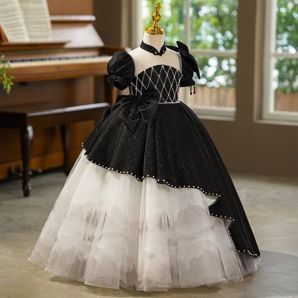 Chic / Beautiful Black Glitter Birthday Flower Girl Dresses 2025 Ball Gown High Neck Puffy Short Sleeve Backless Bow Floor-Length / Long