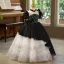 Chic / Beautiful Black Glitter Birthday Flower Girl Dresses 2025 Ball Gown High Neck Puffy Short Sleeve Backless Bow Floor-Length / Long
