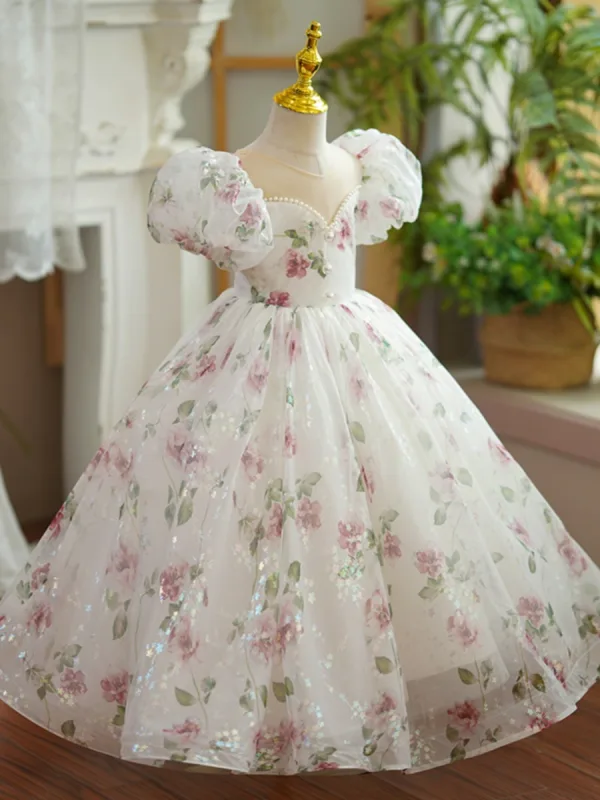Flower Fairy White Star Sequins Printing Birthday Flower Girl Dresses 2023 Ball Gown Scoop Neck Puffy Short Sleeve Floor-Length / Long