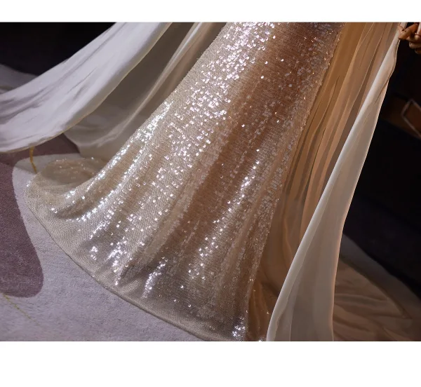 Luxe Scintillantes Champagne Paillettes Robe De Soirée 2026 Trompette / Sirène Bustier Gonflée Manches Courtes Dos Nu Train De Balayage Robe De Ceremonie