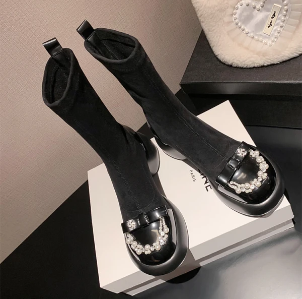 Fashion Black Street Wear Pearl Rhinestone Bow Womens Boots 2024 Leather 7 cm Block Heels Round Toe Boots
