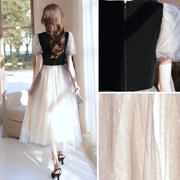 Chic / Beautiful Black Sequins Prom Dresses 2022 A-Line / Princess Square Neckline Short Sleeve Floor-Length / Long Prom Prom Dresses