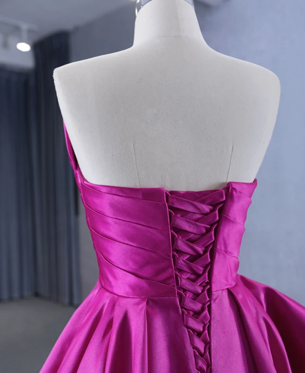 High-end Fuchsia Cascading Ruffles Satin Prom Dresses 2024 A-Line / Princess Strapless Sleeveless Backless Floor-Length / Long Prom Formal Dresses