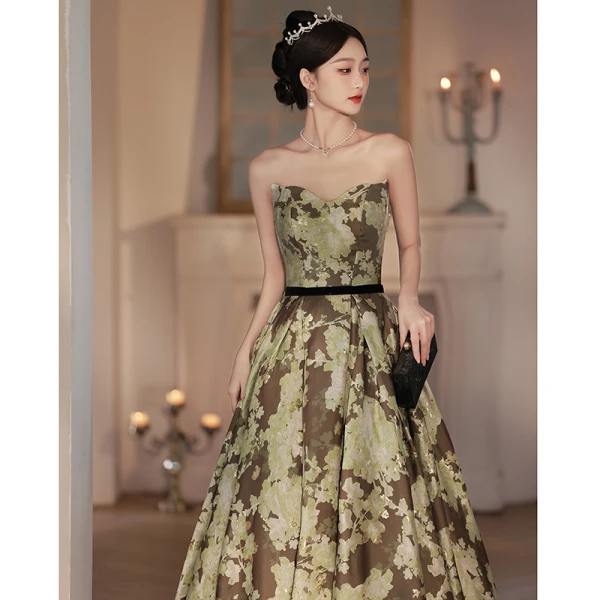 Vintage / Retro Army Green Printing Prom Dresses 2022 A-Line / Princess Strapless Sleeveless Backless Sash Floor-Length / Long Prom Formal Dresses