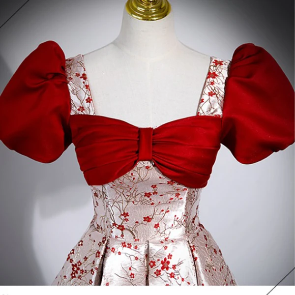Chic / Beautiful Burgundy Printing Prom Dresses 2023 A-Line / Princess Square Neckline Bow Puffy Short Sleeve Backless Floor-Length / Long Prom Formal Dresses