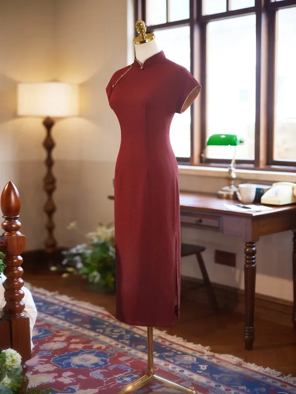 Modest  Burgundy Casual Cheongsam 2025 Trumpet / Mermaid High Neck Short Sleeve Floor-Length / Long