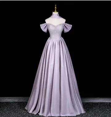 Lovely Lavender Rhinestone Prom Dresses 2026 A Line Princess Off The Shoulder Short Sleeve Backless Floor Length Long Formal Dresses