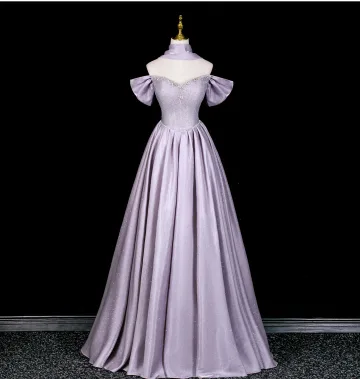 Charming Lavender Rhinestone Sequins Prom Dresses 2026 A Line Princess Off The Shoulder Short Sleeve Backless Floor Length Long Formal Dresses