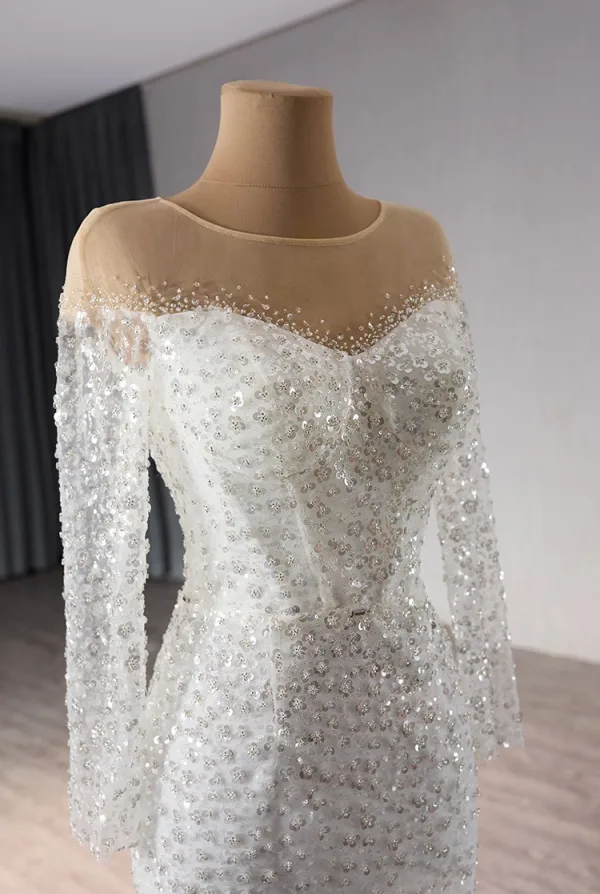 High-end White Handmade  Beading Sequins Wedding Dresses 2024 Trumpet / Mermaid Scoop Neck Long Sleeve Court Train Wedding