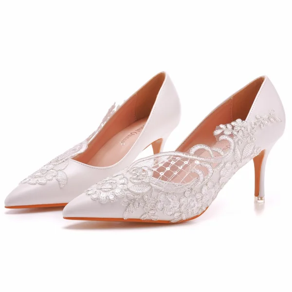 Elegante Weiß Pailletten Spitze Blumen Hochzeit Pumps 2023 7 cm Stilettos Spitzschuh Pumps Hochhackige
