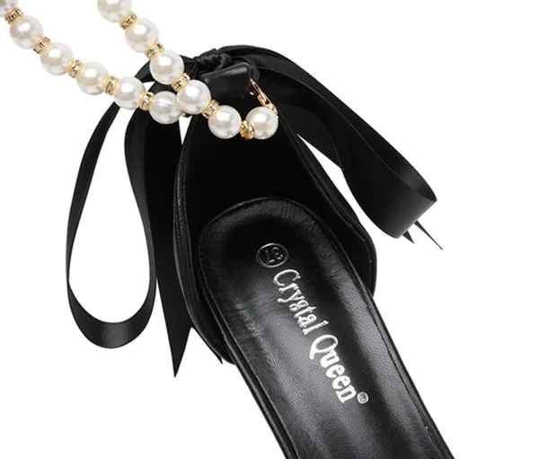 Sexy Black Pearl Ankle Strap Evening Party Womens Shoes 2024 7 cm Stiletto Heels Pointed Toe High Heels