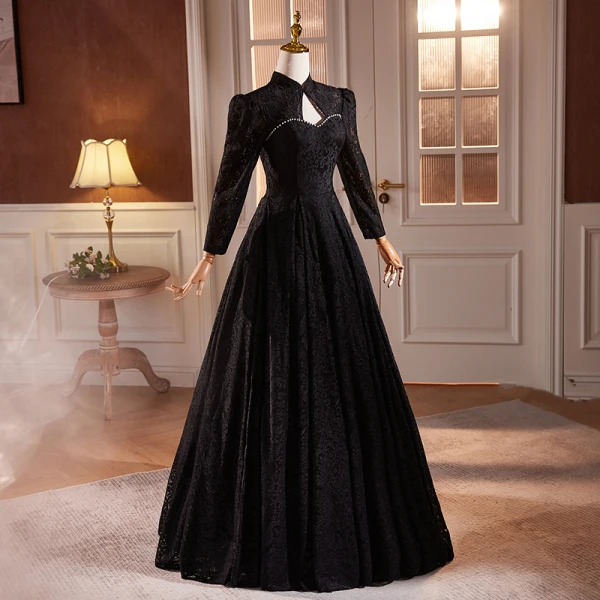 Vintage / Originale Noire En Dentelle Hiver Robe De Bal 2024 Princesse Col Haut Manches Longues Dos Nu Longue Promo Robe De Ceremonie