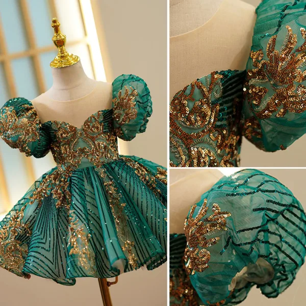 Scintillantes Vert Foncé Paillettes En Dentelle Courte Robe Ceremonie Fille 2022 Robe Boule Encolure Dégagée Gonflée Manches Courtes Promo Robe Ceremonie Fille