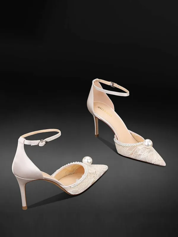 Élégant Blanche Perle En Dentelle Chaussure De Mariée 2024 8 cm Talons Aiguilles À Bout Pointu Mariage Talons Hauts
