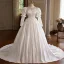 Vintage / Retro Medieval White Lace Flower Satin Wedding Dresses 2025 Ball Gown High Neck Long Sleeve Backless Court Train