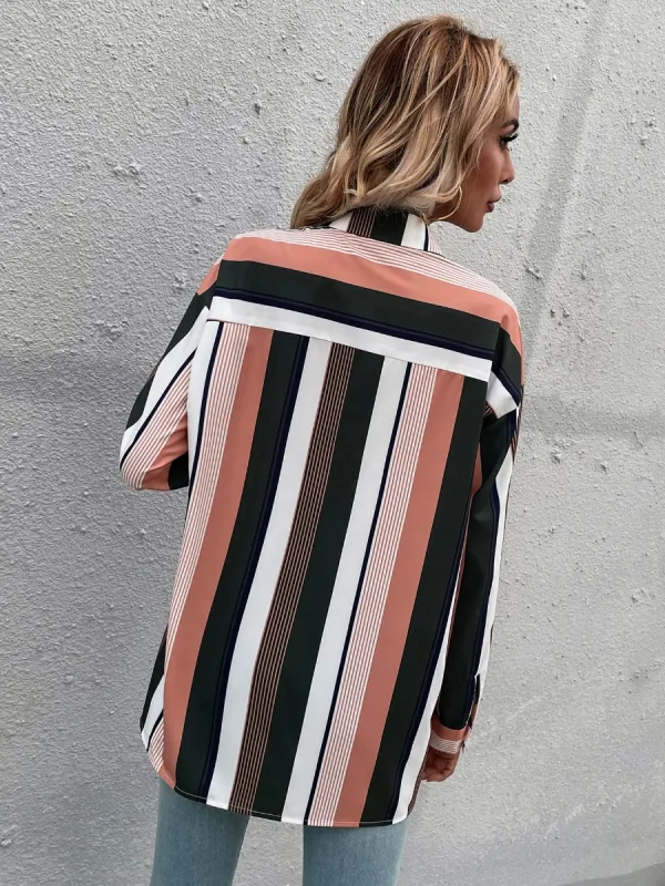 Fashion Women Multi-Colors Stripe Loose Blouses 2021 Lapel Long Sleeve Street Wear