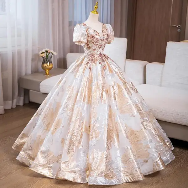 Elegant Gold Sequins Rhinestone Prom Dresses 2024 Ball Gown V-Neck Short  Sleeve Backless Floor-Length /