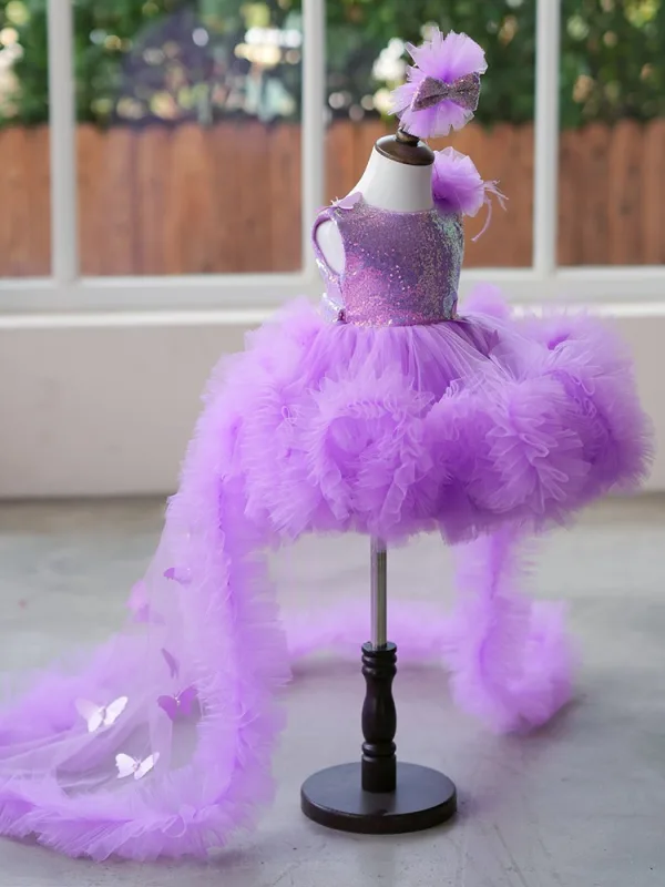 Chic / Beautiful Lavender Sequins Butterfly Appliques Birthday Flower Girl Dresses 2024 Ball Gown Scoop Neck Sleeveless Backless Short Tulle