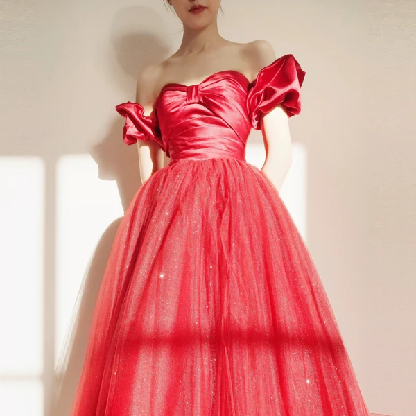 Chic / Beautiful Red Prom Dresses 2024 A-Line / Princess Off-The-Shoulder Bow Short Sleeve Backless Floor-Length / Long Prom Formal Dresses