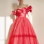 Chic / Beautiful Red Prom Dresses 2024 A-Line / Princess Off-The-Shoulder Bow Short Sleeve Backless Floor-Length / Long Prom Formal Dresses