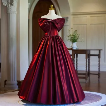 Elegant Burgundy Satin Prom Dresses 2024 Ball Gown Off The Shoulder Bow Sleeveless Backless Floor Length Long Prom Formal Dresses