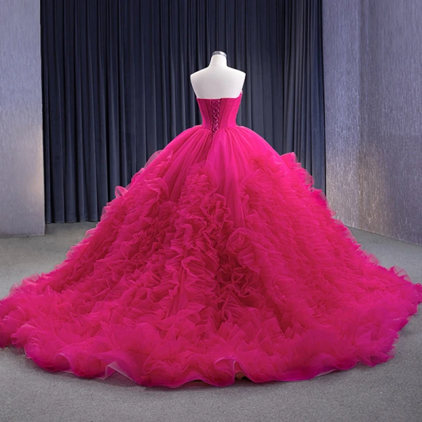 High-end Fuchsia Beading Pearl Sequins Cascading Ruffles Prom Dresses 2023 Ball Gown Strapless Corset Sleeveless Backless Chapel Train Prom Formal Dresses