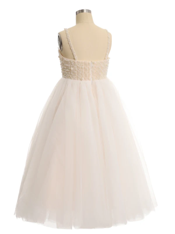 Chic / Beautiful White Beading Pearl Short Birthday Flower Girl Dresses 2024 Spaghetti Straps Sleeveless Backless