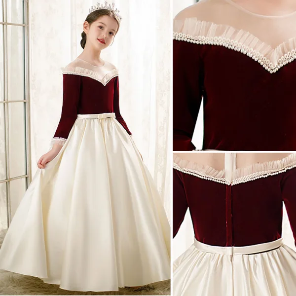 Elegant Burgundy Satin Birthday Flower Girl Dresses 2022 Ball Gown Pearl Scoop Neck Sash Bow Long Sleeve Floor-Length / Long Flower Girl Dresses