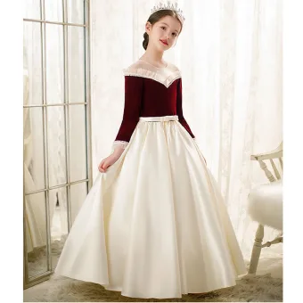 Élégant Bordeaux Satin Anniversaire Robe Ceremonie Fille 2022 Robe Boule Perle Encolure Dégagée Ceinture Noeud Manches Longues Longue Robe Ceremonie Fille