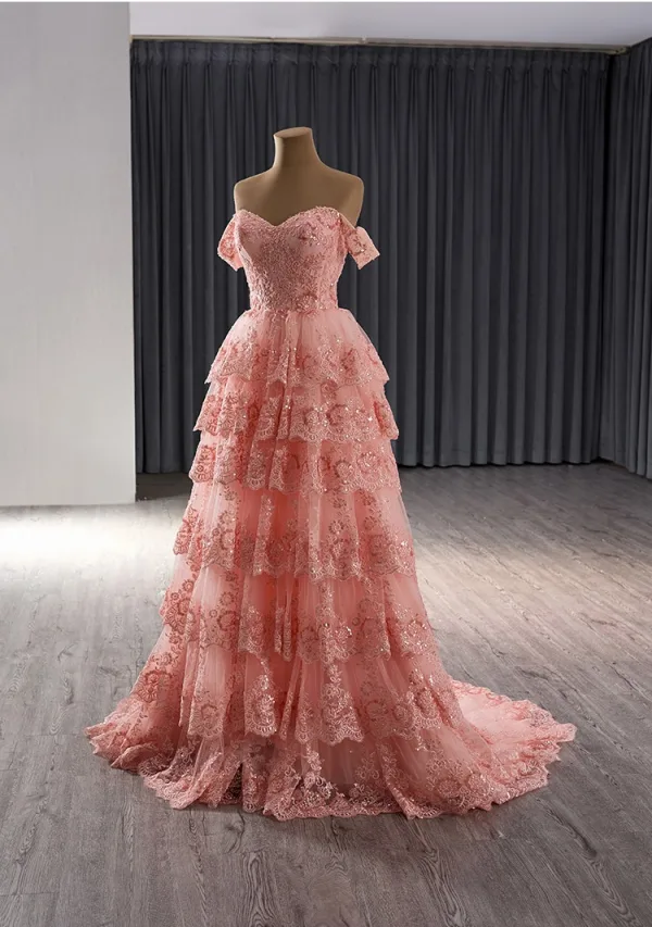 Haut de Gamme Rougissant Rose En Dentelle Fleur Paillettes Volants en Cascade Robe De Bal 2024 Robe Boule De l'épaule Manches Courtes Dos Nu Train De Balayage Promo Robe De Ceremonie
