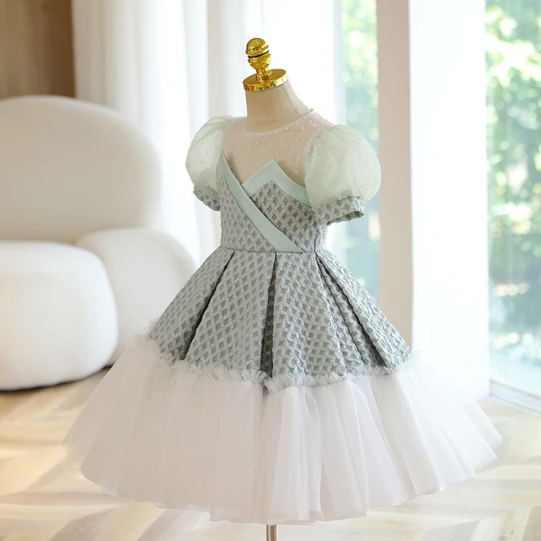 Chic / Belle Vert Cendré Courte Anniversaire Robe Ceremonie Fille 2022 Robe Boule Encolure Dégagée Gonflée Manches Courtes Robe Ceremonie Fille