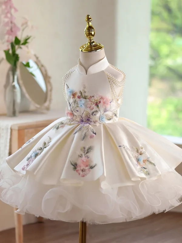 Vintage / Retro Ivory Appliques Beading Pearl Sequins Birthday Flower Girl Dresses 2026 Ball Gown Sleeveless Backless Short