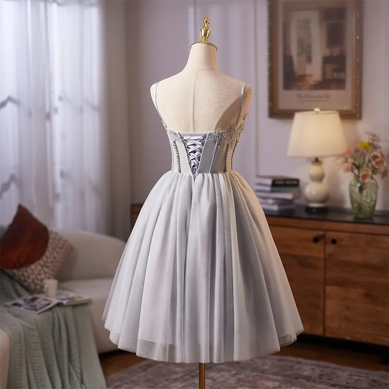 Classy Grey Beading Sequins Lace Flower Homecoming Graduation Dresses 2025  Ball Gown Spaghetti Straps Sleeveless Backless Knee Length