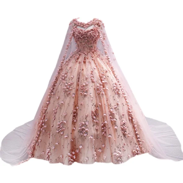 Charming Blushing Pink Appliques Sequins Prom Dresses Wedding Dresses 2022 With Cloak Ball Gown Strapless Sleeveless Backless Floor-Length / Long Formal Dresses