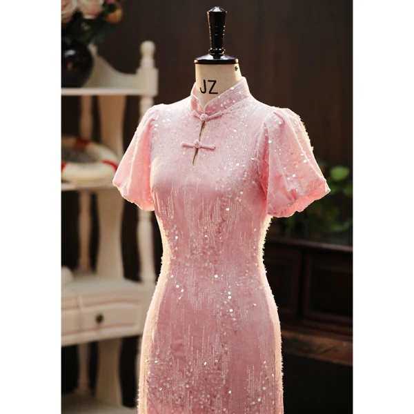 Scintillantes Rougissant Rose Paillettes Soirée Cheongsam 2024 Trompette / Sirène Col Haut Manches Courtes Thé Longueur